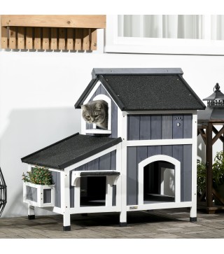 Caseta de Madera de Exterior para Gatos Casa para Gatos Refugio para Gatos de 2 Niveles 96x65x85,5 cm Gris