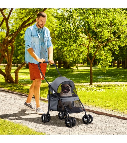 Cochecito para Perros Pequeños Plegable con Ventanas de Malla Cojín Lavable Correas de Seguridad y Marco de Acero Gris