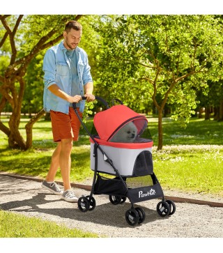 Carrito para Perros Pequeños 3 en 1 con Vagón Desmontable Cesta de Almacenaje Correas de Seguridad y Cojín Rojo
