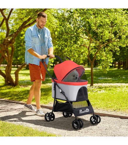 Carrito para Perros Pequeños 3 en 1 con Vagón Desmontable Cesta de Almacenaje Correas de Seguridad y Cojín Rojo