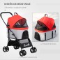 Carrito para Perros Pequeños 3 en 1 con Vagón Desmontable Cesta de Almacenaje Correas de Seguridad y Cojín Rojo