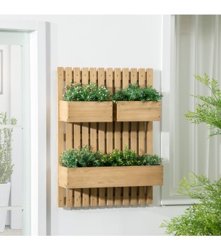 Jardinera de Pared de Madera con Enrejado y 3 Macetas Móviles para Jardín Terraza Patio 60x16x80 cm Natural