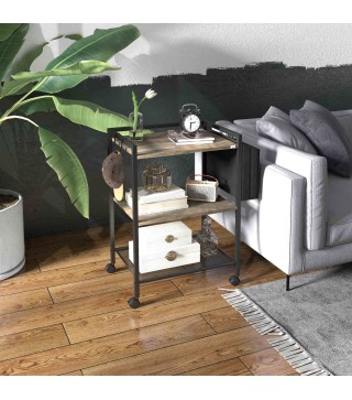 Carrito Auxiliar con Ruedas de 3 Niveles con Bolsa de Tela y 2 Ganchos para Salón Cocina Comedor 66x40x80,5 cm Gris