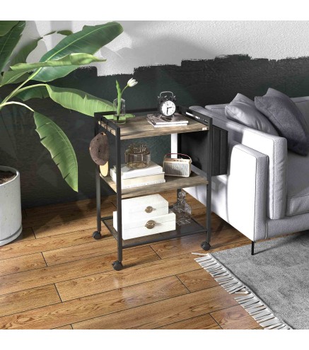 Carrito Auxiliar con Ruedas de 3 Niveles con Bolsa de Tela y 2 Ganchos para Salón Cocina Comedor 66x40x80,5 cm Gris