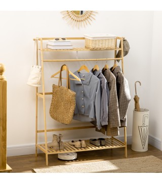 Perchero de Pie de Madera de Bambú para Ropa con 2 Estantes 2 Ganchos y Barra para Colgar 114x40x139 cm Natural