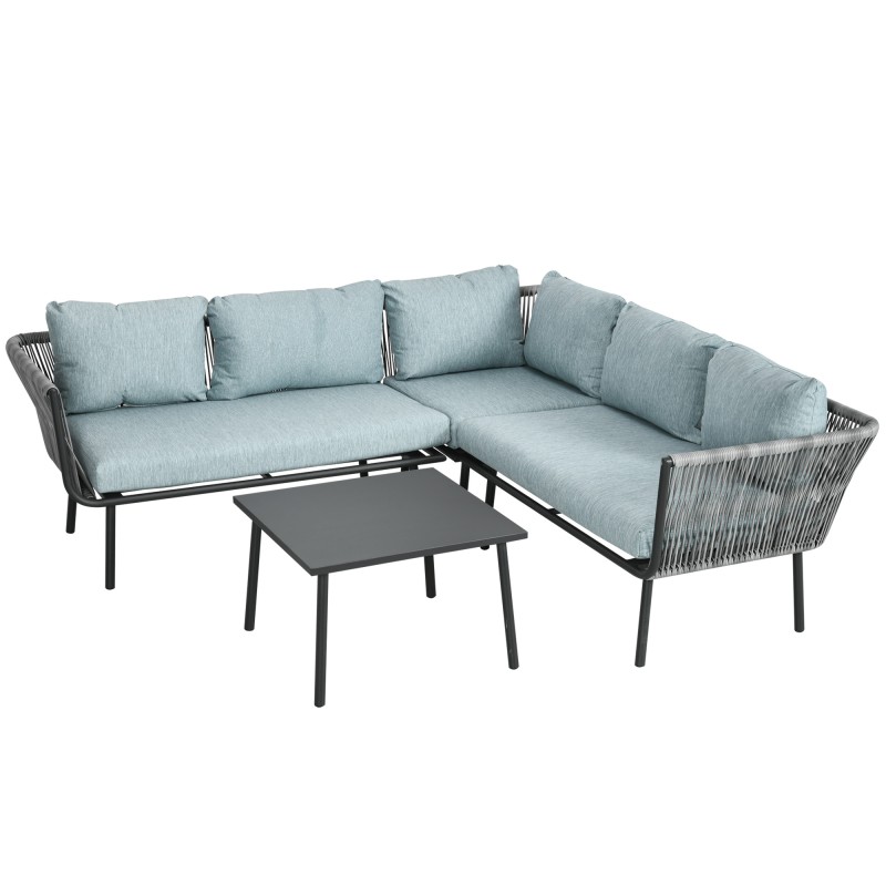 Conjunto de Muebles de Ratán de Exterior Sofá de Esquina con Cojines y Mesa de Centro para Terraza Patio Gris