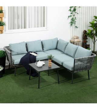 Conjunto de Muebles de Ratán de Exterior Sofá de Esquina con Cojines y Mesa de Centro para Terraza Patio Gris