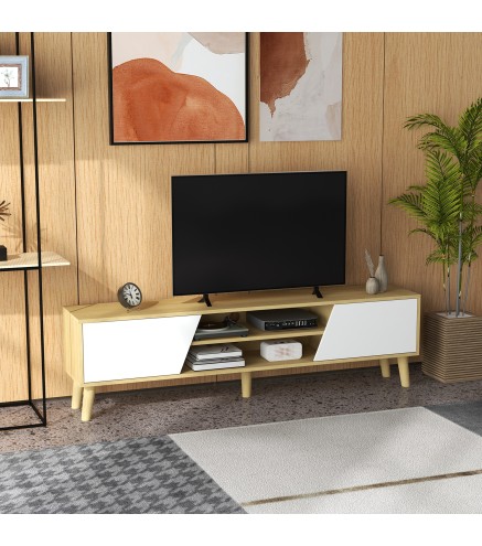 Mueble TV de Salón con 2 Puertas 2 Estantes y 5 Patas para Televisores de hasta 65'' para Dormitorio 150x30x42 cm Roble
