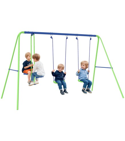 Juego de Columpios de Jardín de Metal con Altura Ajustable 2 Columpios y Balancín 280x140x178 cm Verde y Azul