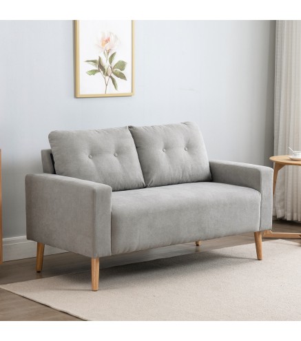 Sofá de 2 Plazas con 2 Cojines Reposabrazos y Patas de Madera de Caucho para Dormitorio Oficina 145x76x88 cm Gris