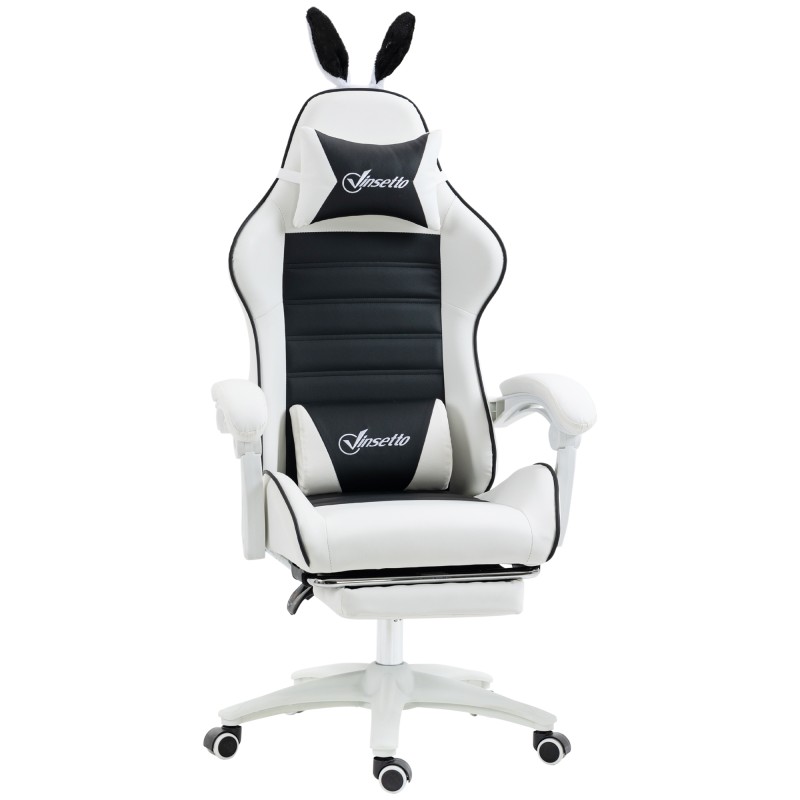 Silla Gaming Profesional de Cuero PU con Altura Ajustable Inclinable 135° Reposacabezas 65x63x136-142 cm Negro y Blanco