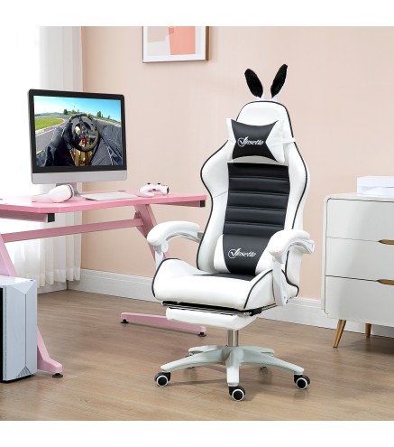 Silla Gaming Profesional de Cuero PU con Altura Ajustable Inclinable 135° Reposacabezas 65x63x136-142 cm Negro y Blanco