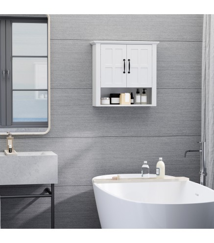 Armario de Pared para Baño con 2 Puertas y Estante Abierto para Aseo Dormitorio Ducha 60x19,8x58 cm Blanco