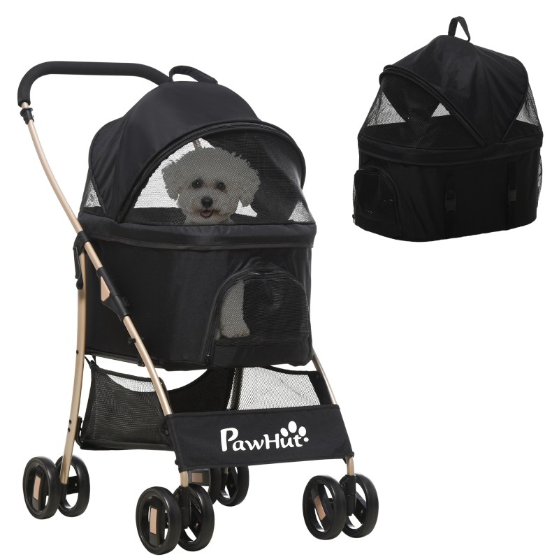 Carrito para Perros Pequeños 3 en 1 con Vagón Desmontable Cesta de Almacenaje Correas de Seguridad y Cojín Negro