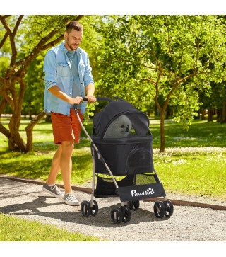 Carrito para Perros Pequeños 3 en 1 con Vagón Desmontable Cesta de Almacenaje Correas de Seguridad y Cojín Negro