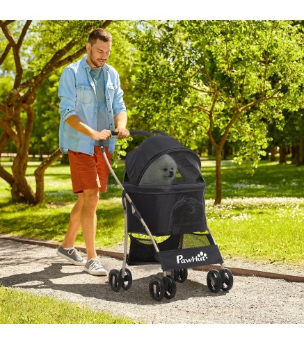 Carrito para Perros Pequeños 3 en 1 con Vagón Desmontable Cesta de Almacenaje Correas de Seguridad y Cojín Negro