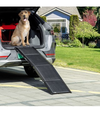 Rampa Plegable para Perros de Aluminio con Superficie Antideslizante Asa y Gancho Carga 80 kg 158x43,5x2,5 cm Negro