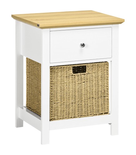 Mesita de Noche con Cajón y Cesta de Ratán Plegable Mesa Auxiliar para Salón Dormitorio 49x39x64 cm Blanco y Natural