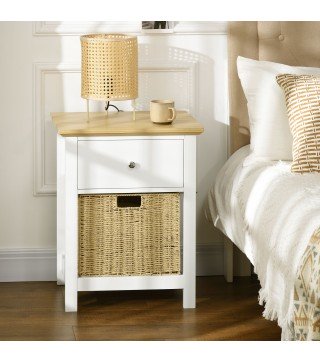 Mesita de Noche con Cajón y Cesta de Ratán Plegable Mesa Auxiliar para Salón Dormitorio 49x39x64 cm Blanco y Natural