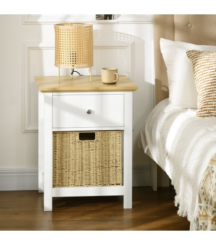 Mesita de Noche con Cajón y Cesta de Ratán Plegable Mesa Auxiliar para Salón Dormitorio 49x39x64 cm Blanco y Natural