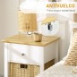 Mesita de Noche con Cajón y Cesta de Ratán Plegable Mesa Auxiliar para Salón Dormitorio 49x39x64 cm Blanco y Natural