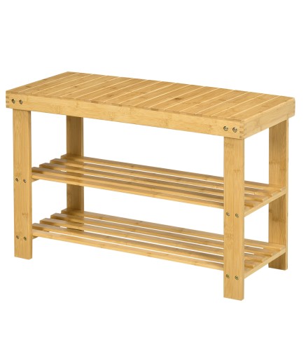 Banco Zapatero de Bambú con Asiento y 2 Estantes para 6 Pares para Entrada Salón Dormitorio 70x28x45 cm Natural