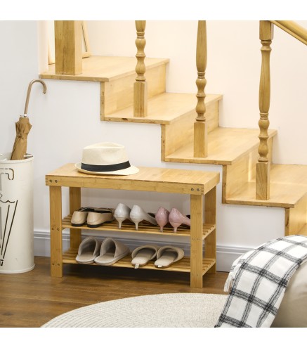 Banco Zapatero de Bambú con Asiento y 2 Estantes para 6 Pares para Entrada Salón Dormitorio 70x28x45 cm Natural