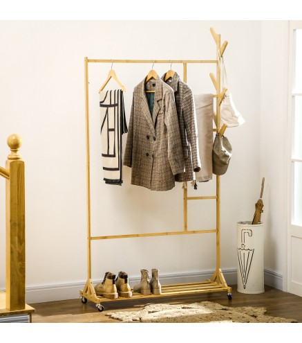 Perchero de Pie de Madera de Bambú con Ruedas Colgador Multifuncional con 6 Ganchos Barra y Estante 100x37x191 cm Natura