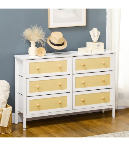 Cómoda Estilo Cannage con 6 Cajones de Tela Plegables y Extraíbles para Dormitorio Salón 120x30x83 cm Blanco