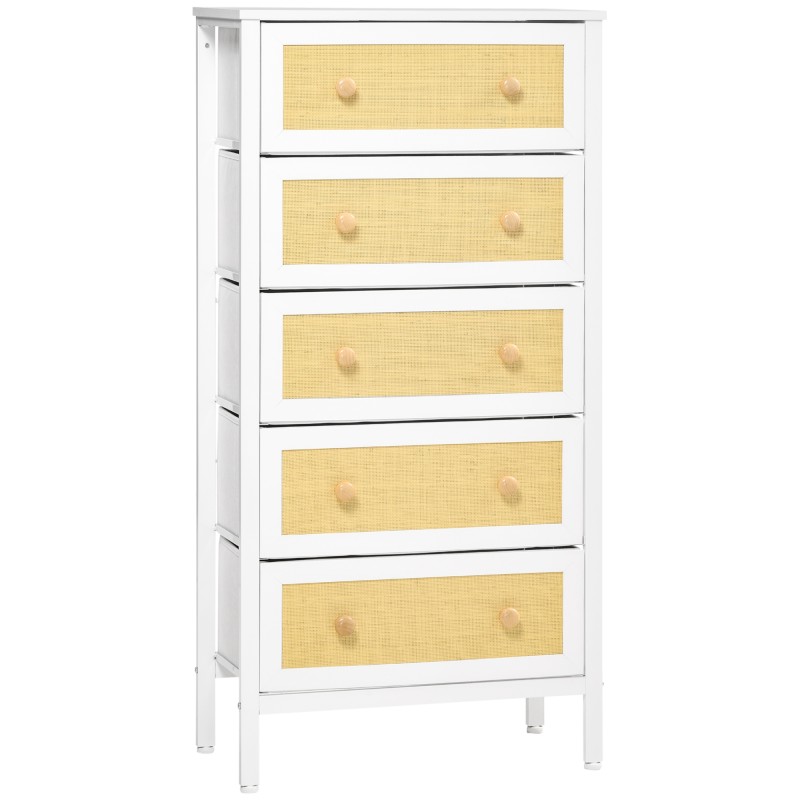 Cómoda de Dormitorio de Estilo Cannage Bohemio con 5 Cajones de Tela Plegables para Entrada Salón 62x30x126,5 cm Blanco