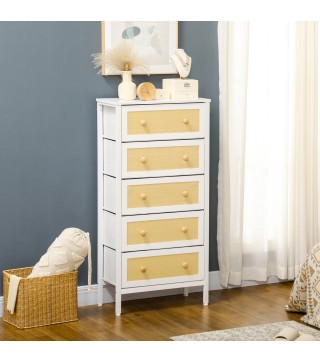 Cómoda de Dormitorio de Estilo Cannage Bohemio con 5 Cajones de Tela Plegables para Entrada Salón 62x30x126,5 cm Blanco