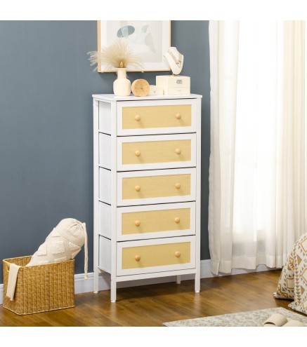 Cómoda de Dormitorio de Estilo Cannage Bohemio con 5 Cajones de Tela Plegables para Entrada Salón 62x30x126,5 cm Blanco