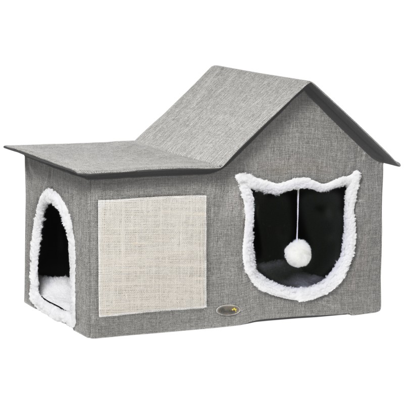 Caseta para Gatos Casa para Gatos Interior con Almohadilla para Rascar Cojín Suave y Bola Colgante 65x41x45,5 cm Gris Caseta para Gatos Casa para Gatos Interior con Almohadilla para Rascar Cojín Suave y Bola Colgante 65x41x45,5 cm Gris