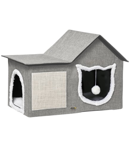 Caseta para Gatos Casa para Gatos Interior con Almohadilla para Rascar Cojín Suave y Bola Colgante 65x41x45,5 cm Gris