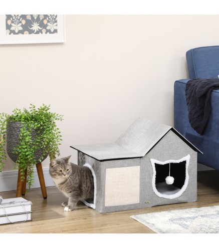 Caseta para Gatos Casa para Gatos Interior con Almohadilla para Rascar Cojín Suave y Bola Colgante 65x41x45,5 cm Gris
