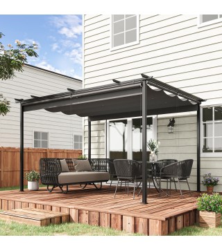Pérgola de Jardín Cenador para Exterior con Techo Retráctil y 4 Cortinas Enrollables 4x3 m Gris Oscuro