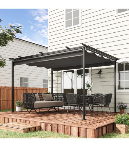 Pérgola de Jardín Cenador para Exterior con Techo Retráctil y 4 Cortinas Enrollables 4x3 m Gris Oscuro