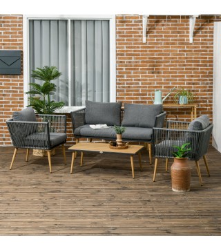 Conjunto de Muebles de Jardín de Ratán Sintético con Sofá de 2 Plazas 2 Sillones y Mesa de Centro Gris