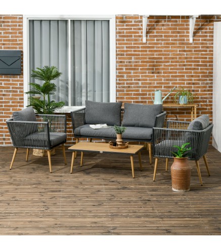 Conjunto de Muebles de Jardín de Ratán Sintético con Sofá de 2 Plazas 2 Sillones y Mesa de Centro Gris
