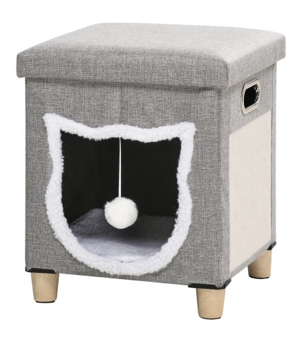 2 en 1 Reposapiés Cama para Gatos con Cojín Extraíble Bola Colgante y Almohadilla para Rascar 35,5x35,5x42,5 cm Gris