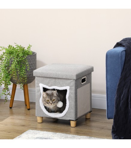 2 en 1 Reposapiés Cama para Gatos con Cojín Extraíble Bola Colgante y Almohadilla para Rascar 35,5x35,5x42,5 cm Gris