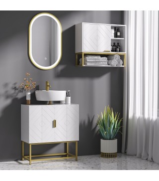 Mueble para Debajo del Lavabo Moderno Armario Bajo con 2 Puertas y Patas de Acero 60x30x65 cm Blanco y Dorado