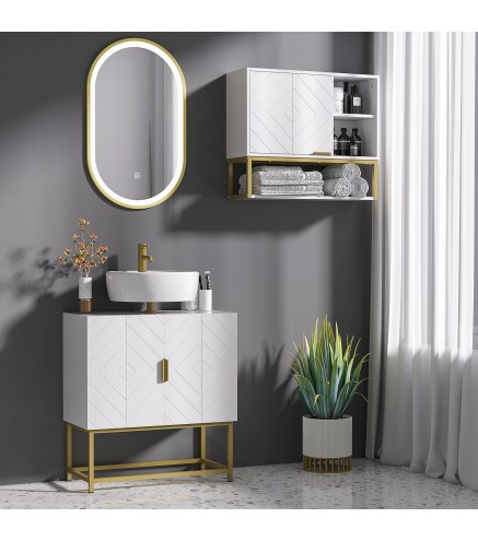 Mueble para Debajo del Lavabo Moderno Armario Bajo con 2 Puertas y Patas de Acero 60x30x65 cm Blanco y Dorado