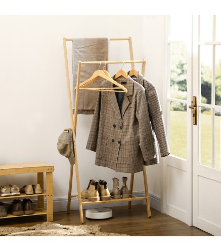 Perchero de Pie de Bambú con Estante para Zapatos 2 Barras y 2 Ganchos para Dormitorio Entrada 74x42x150 cm Natural