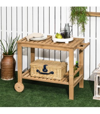 Carrito de Madera para Exterior Carro de Servicio con Asa Lateral y 3 Porta botellas 95x47x74 cm Natural