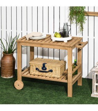 Carrito de Madera para Exterior Carro de Servicio con Asa Lateral y 3 Porta botellas 95x47x74 cm Natural