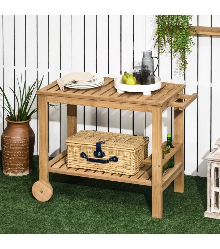 Carrito de Madera para Exterior Carro de Servicio con Asa Lateral y 3 Porta botellas 95x47x74 cm Natural