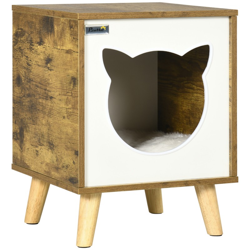 Caseta de Madera para Gatos Casa para Gatos Interior con Cojín Lavable y Patas Elevadas 34x34x44,5 cm Marrón