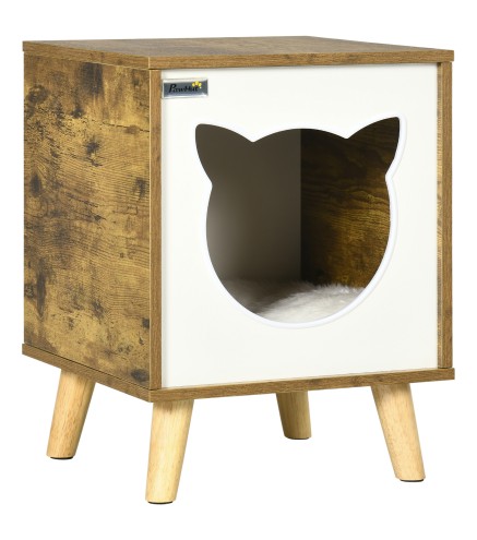 Caseta de Madera para Gatos Casa para Gatos Interior con Cojín Lavable y Patas Elevadas 34x34x44,5 cm Marrón