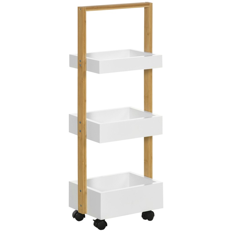 Carrito de Baño con Ruedas y 3 Cestas Carrito Auxiliar Multifuncional de Madera de Bambú 28x18x75 cm Blanco